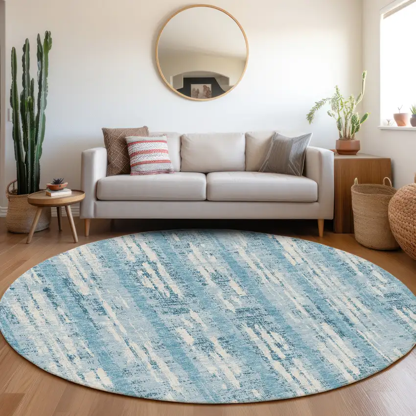 8' Sky Blue And Ivory Striped Washable Round Rug With UV Protection Photo 5