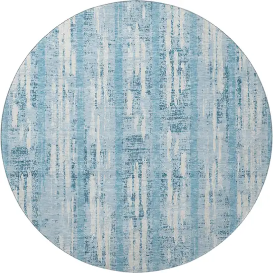 8' Sky Blue And Ivory Striped Washable Round Rug With UV Protection Photo 4