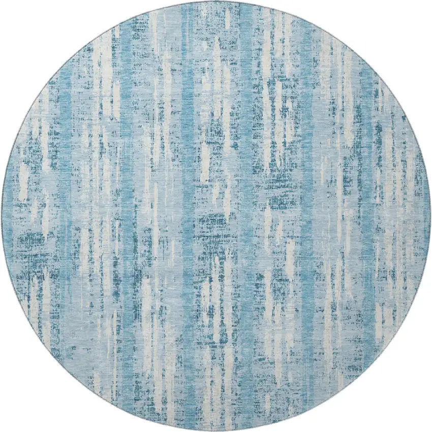 8' Sky Blue And Ivory Striped Washable Round Rug With UV Protection Photo 4