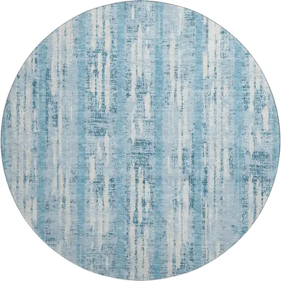 8' Sky Blue And Ivory Striped Washable Round Rug With UV Protection Photo 1