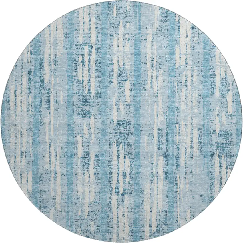 8' Sky Blue And Ivory Striped Washable Round Rug With UV Protection Photo 1