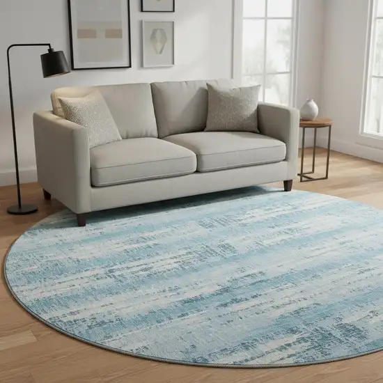 8' Sky Blue And Ivory Striped Washable Round Rug With UV Protection Photo 2