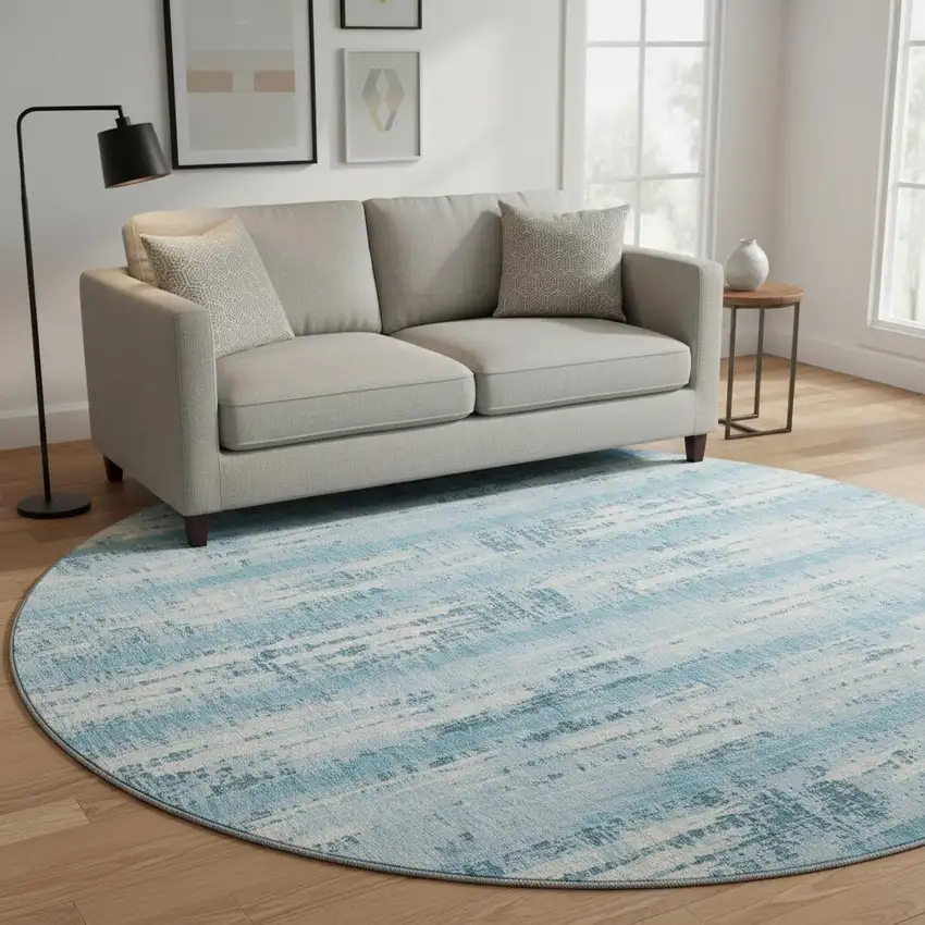 8' Sky Blue And Ivory Striped Washable Round Rug With UV Protection Photo 2