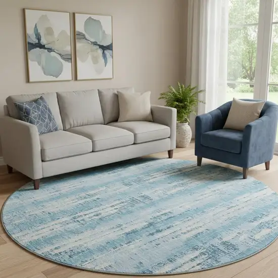 8' Sky Blue And Ivory Striped Washable Round Rug With UV Protection Photo 1