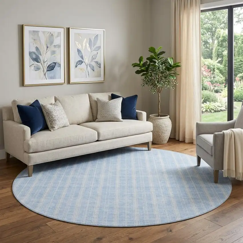 8' Sky Blue And Ivory Striped Washable Round Rug With UV Protection Photo 1