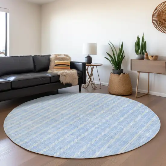 8' Sky Blue And Ivory Striped Washable Round Rug With UV Protection Photo 3