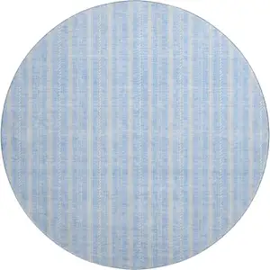 Photo of 8' Sky Blue And Ivory Striped Washable Round Rug With UV Protection