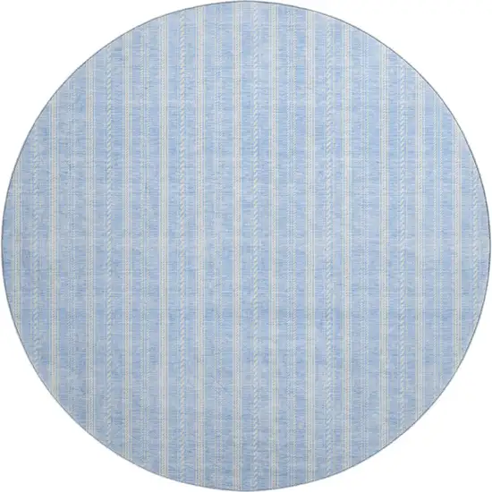 8' Sky Blue And Ivory Striped Washable Round Rug With UV Protection Photo 1