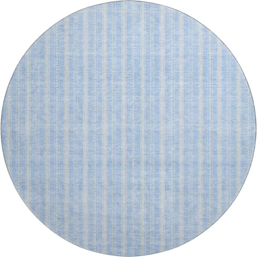 8' Sky Blue And Ivory Striped Washable Round Rug With UV Protection Photo 1