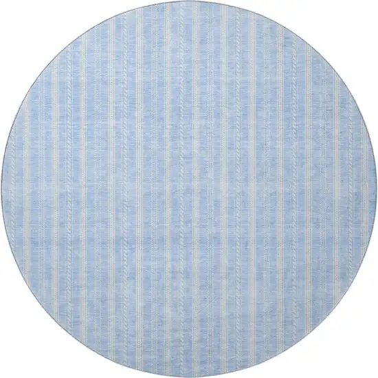 8' Sky Blue And Ivory Striped Washable Round Rug With UV Protection Photo 2