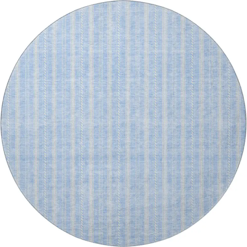 8' Sky Blue And Ivory Striped Washable Round Rug With UV Protection Photo 2