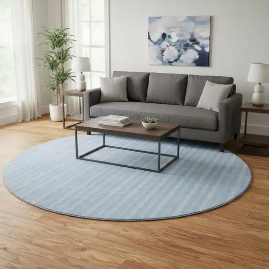 8' Sky Blue And Ivory Striped Washable Round Rug With UV Protection Photo 2