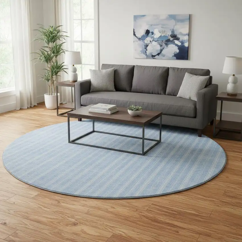 8' Sky Blue And Ivory Striped Washable Round Rug With UV Protection Photo 2