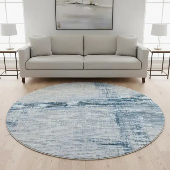 8' Sky Blue And Ivory Striped Washable Round Rug With UV Protection Photo 2