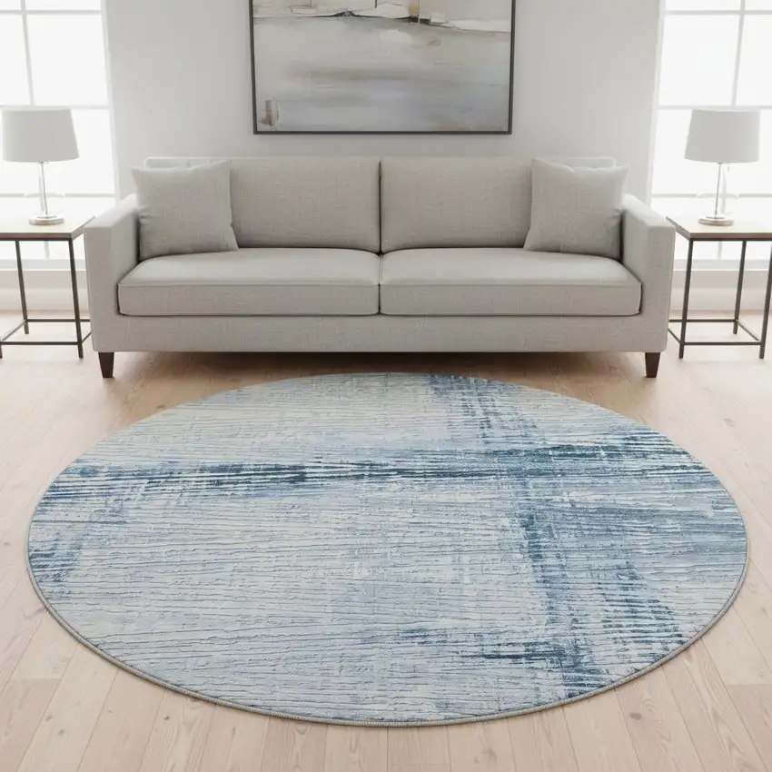 8' Sky Blue And Ivory Striped Washable Round Rug With UV Protection Photo 2
