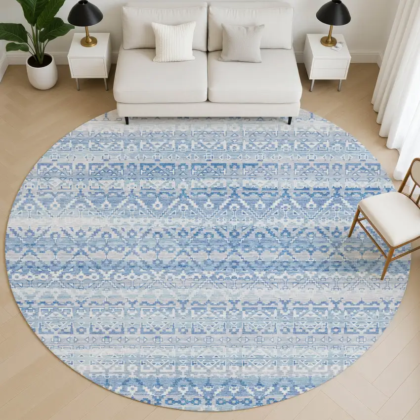 8' Sky Blue And Ivory Striped Washable Round Rug With UV Protection Photo 5