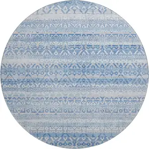Photo of 8' Sky Blue And Ivory Striped Washable Round Rug With UV Protection
