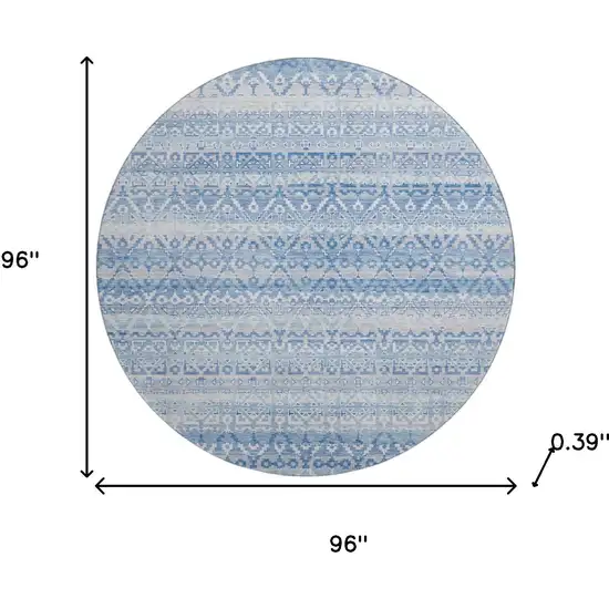8' Sky Blue And Ivory Striped Washable Round Rug With UV Protection Photo 8