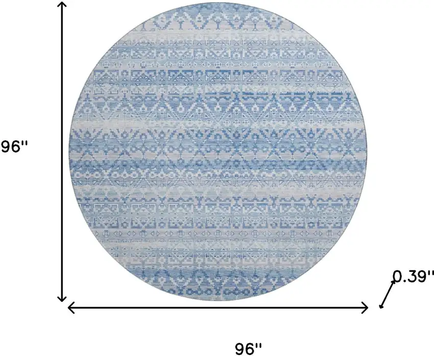 8' Sky Blue And Ivory Striped Washable Round Rug With UV Protection Photo 8