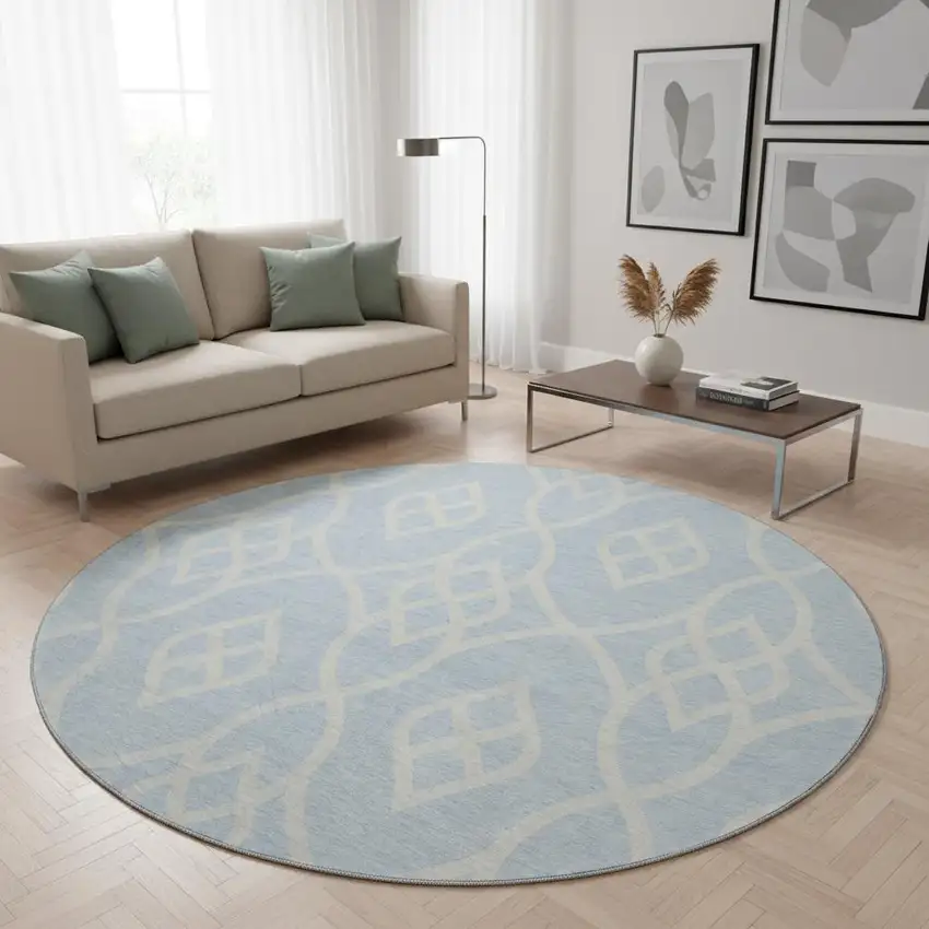 8' Sky Blue And Ivory Trellis Washable Round Rug With UV Protection Photo 2