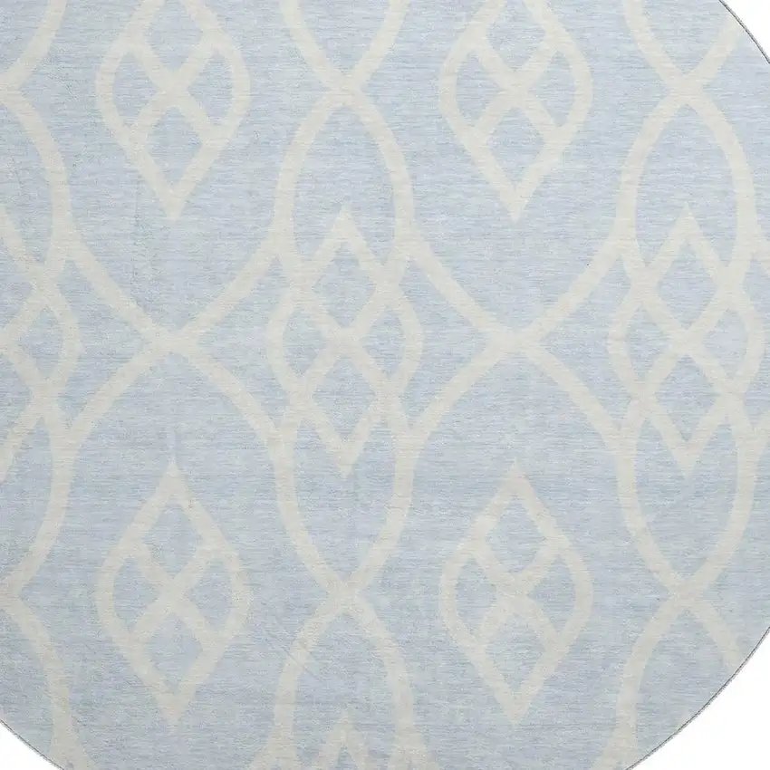 8' Sky Blue And Ivory Trellis Washable Round Rug With UV Protection Photo 3