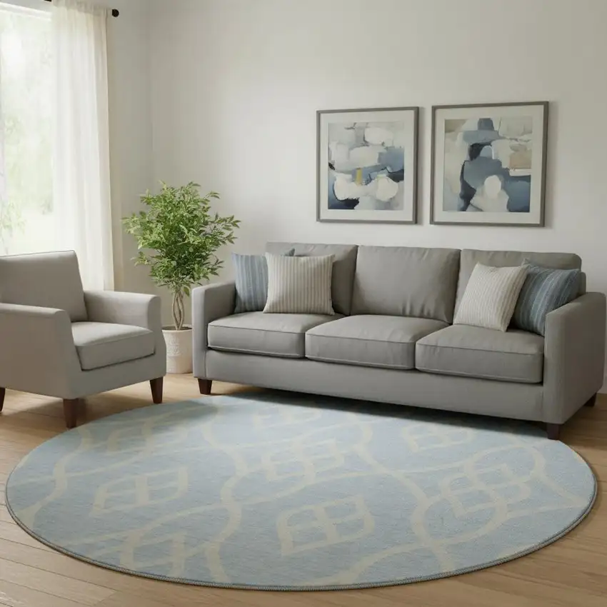 8' Sky Blue And Ivory Trellis Washable Round Rug With UV Protection Photo 1