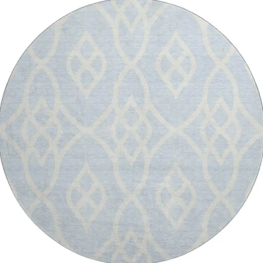 8' Sky Blue And Ivory Trellis Washable Round Rug With UV Protection Photo 4