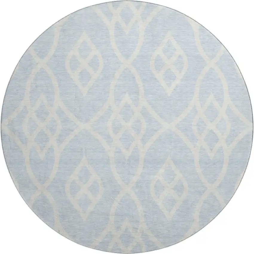 8' Sky Blue And Ivory Trellis Washable Round Rug With UV Protection Photo 1
