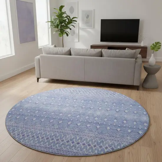 8' Sky Blue And Ivory Tribal Washable Round Rug With UV Protection Photo 2