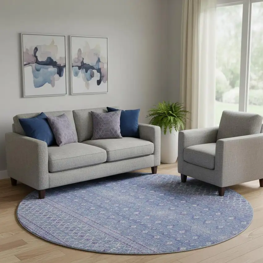 8' Sky Blue And Ivory Tribal Washable Round Rug With UV Protection Photo 1