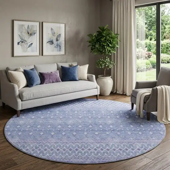 8' Sky Blue And Ivory Tribal Washable Round Rug With UV Protection Photo 1