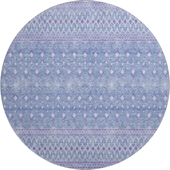 8' Sky Blue And Ivory Tribal Washable Round Rug With UV Protection Photo 1