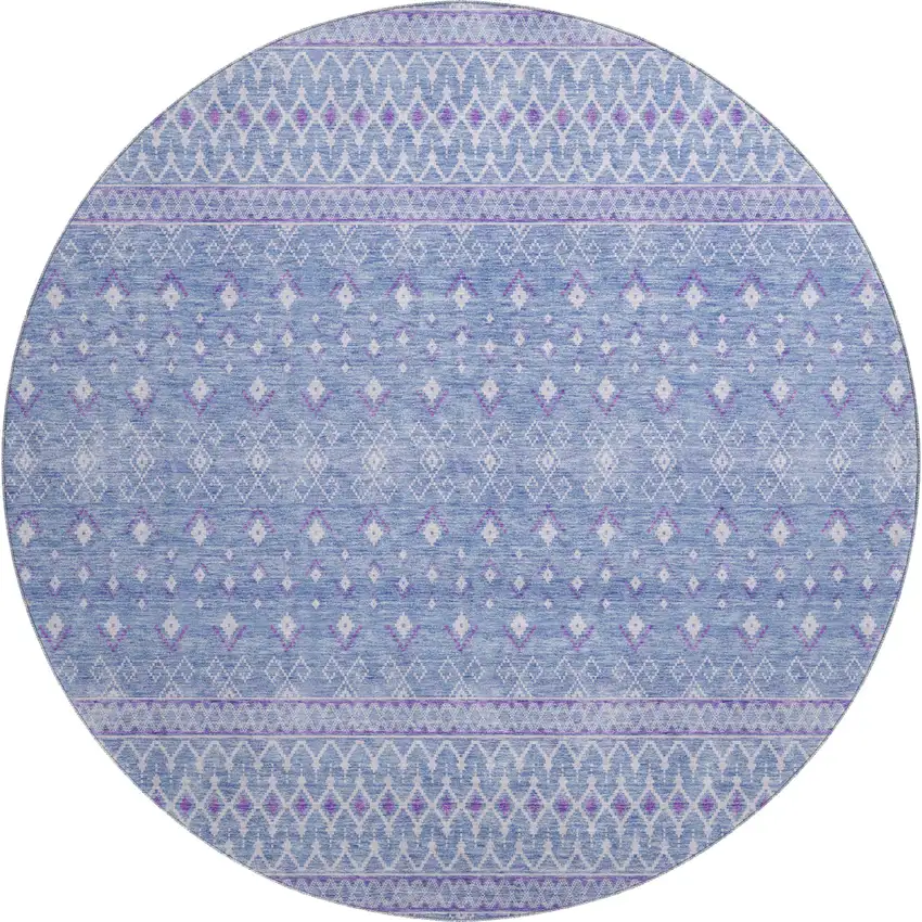 8' Sky Blue And Ivory Tribal Washable Round Rug With UV Protection Photo 1