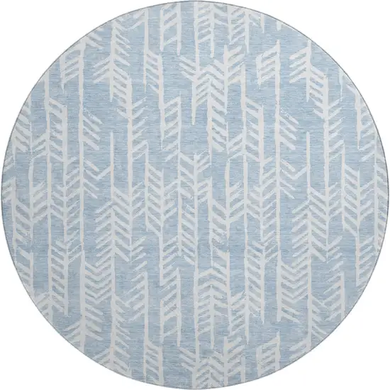 8' Sky Blue And Ivory Tribal Washable Round Rug With UV Protection Photo 1