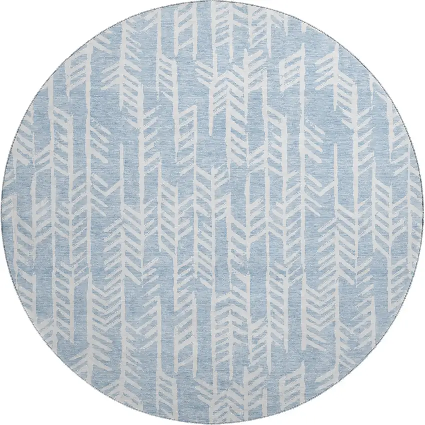 8' Sky Blue And Ivory Tribal Washable Round Rug With UV Protection Photo 1