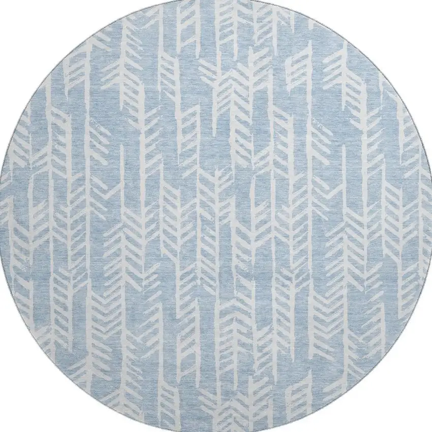 8' Sky Blue And Ivory Tribal Washable Round Rug With UV Protection Photo 4