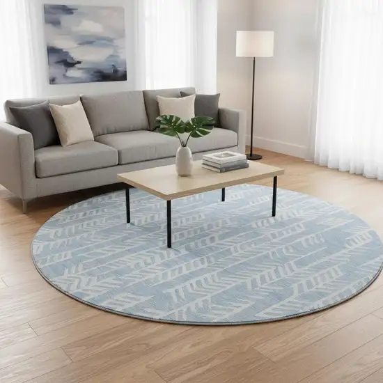 8' Sky Blue And Ivory Tribal Washable Round Rug With UV Protection Photo 2
