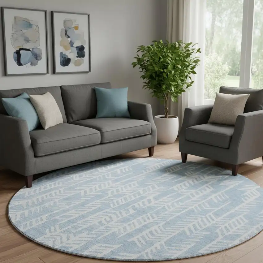 8' Sky Blue And Ivory Tribal Washable Round Rug With UV Protection Photo 1