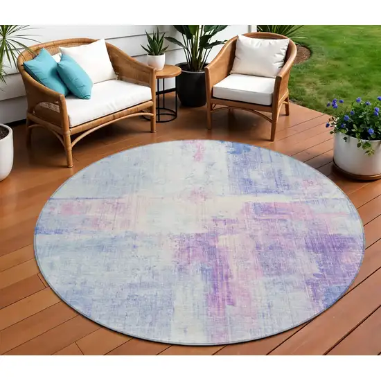 8' Sky Blue And Lavender Round Abstract Washable Indoor Outdoor Area Rug Photo 2