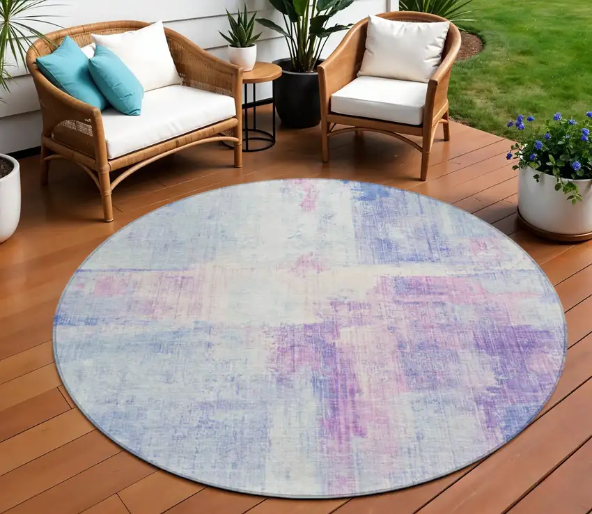 8' Sky Blue And Lavender Round Abstract Washable Indoor Outdoor Area Rug Photo 2