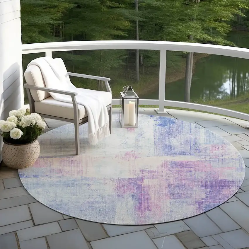 8' Sky Blue And Lavender Round Abstract Washable Indoor Outdoor Area Rug Photo 5