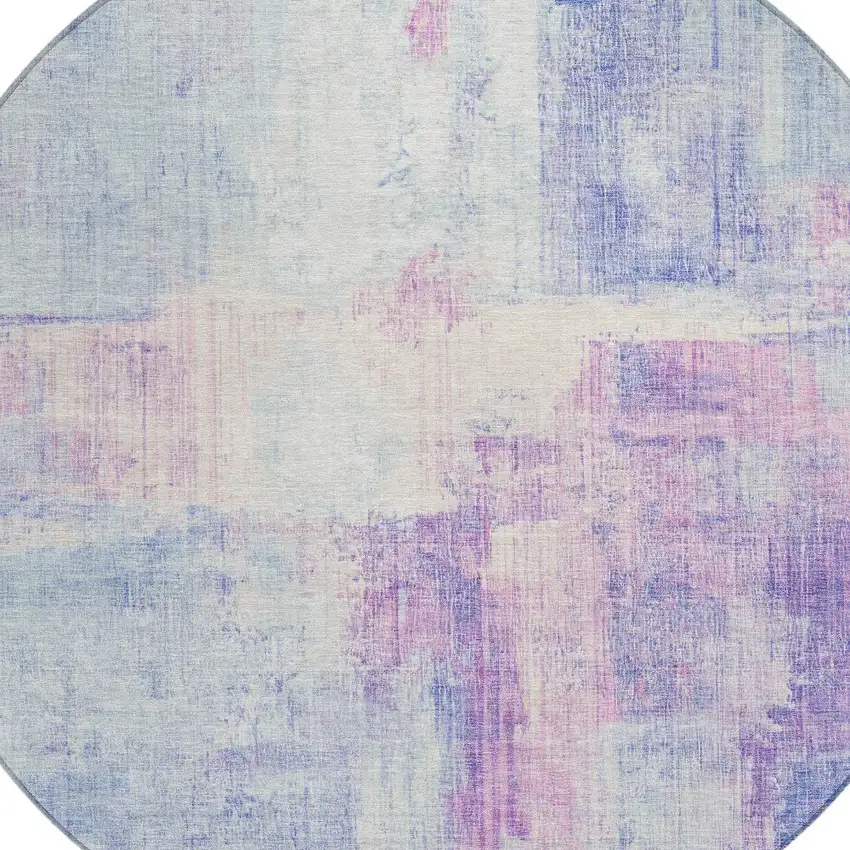 8' Sky Blue And Lavender Round Abstract Washable Indoor Outdoor Area Rug Photo 8