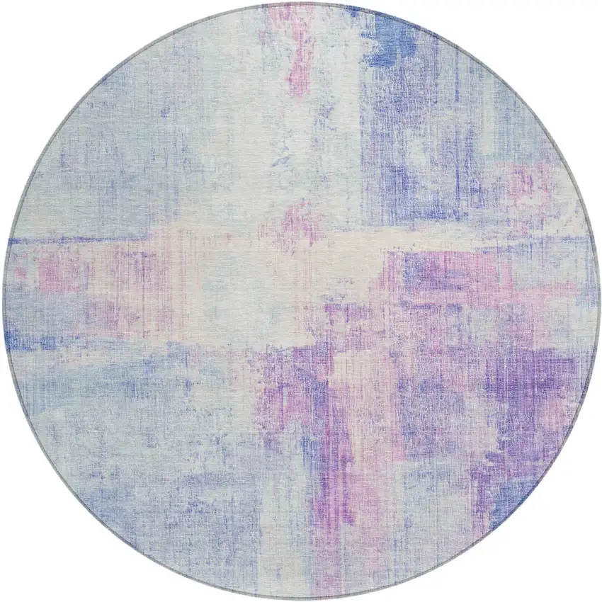 8' Sky Blue And Lavender Round Abstract Washable Indoor Outdoor Area Rug Photo 1