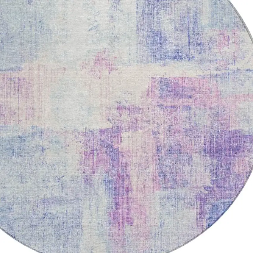 8' Sky Blue And Lavender Round Abstract Washable Indoor Outdoor Area Rug Photo 4