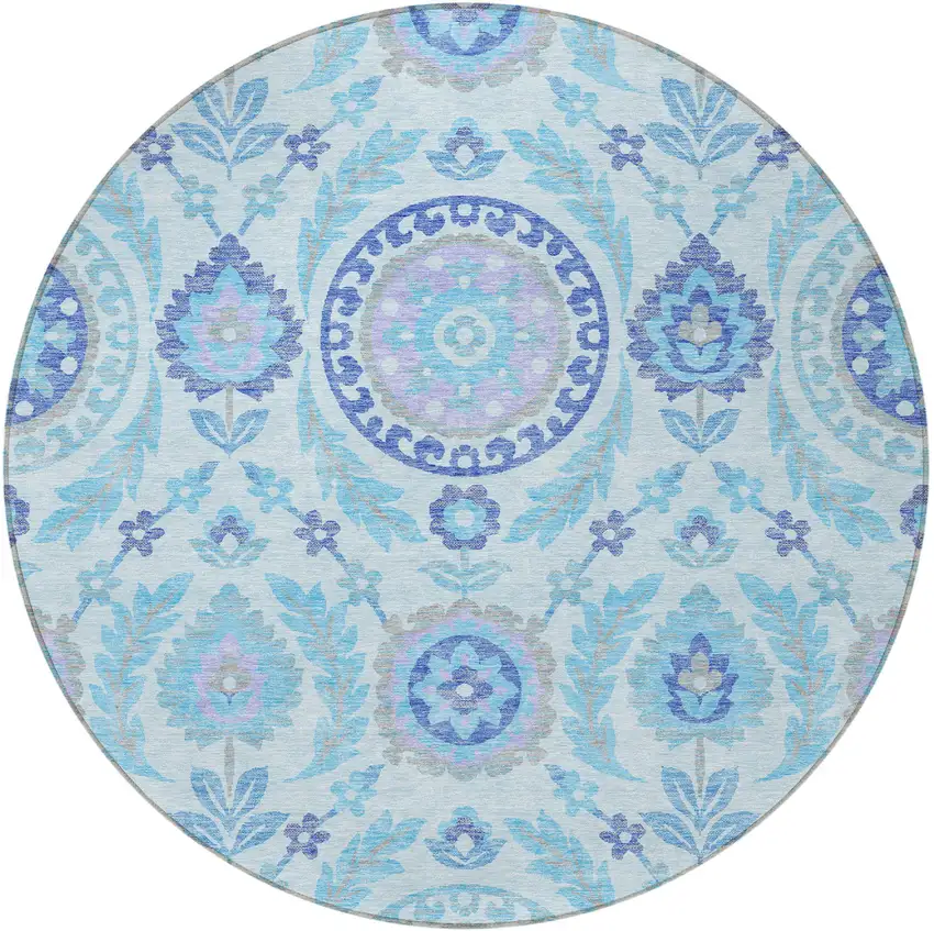 8' Sky Blue And Lavender Round Floral Washable Indoor Outdoor Area Rug Photo 5