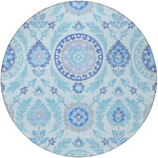 8' Sky Blue And Lavender Round Floral Washable Indoor Outdoor Area Rug Photo 5
