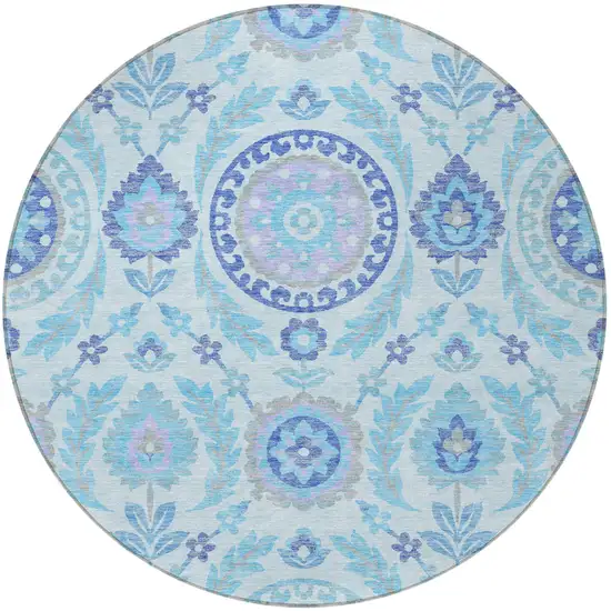 8' Sky Blue And Lavender Round Floral Washable Indoor Outdoor Area Rug Photo 5