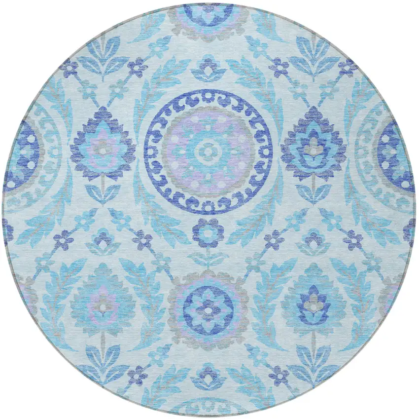8' Sky Blue And Lavender Round Floral Washable Indoor Outdoor Area Rug Photo 5