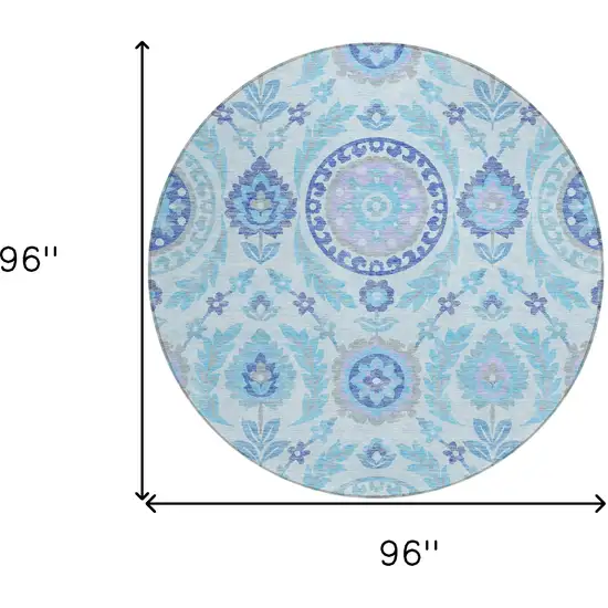 8' Sky Blue And Lavender Round Floral Washable Indoor Outdoor Area Rug Photo 8