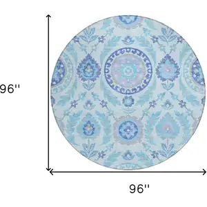 Photo of 8' Sky Blue And Lavender Round Floral Washable Indoor Outdoor Area Rug